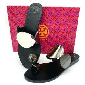 TORY BURCH $348 Patos Multi-Disk Sandal Black Two Tone Metal Silver